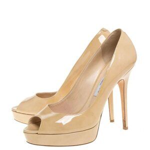 Jimmy Choo Sz 8.5 NUDE PEEPTOE Patent Leather PLATFORM Pumps Heels Beige